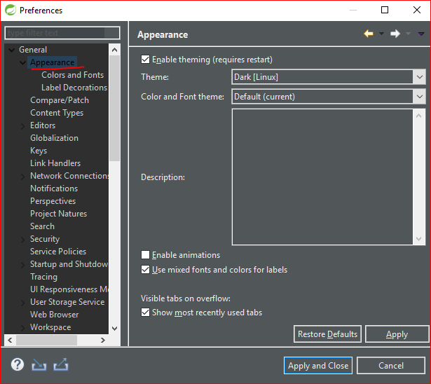 Eclipse / STS Preference setting for the dark theme